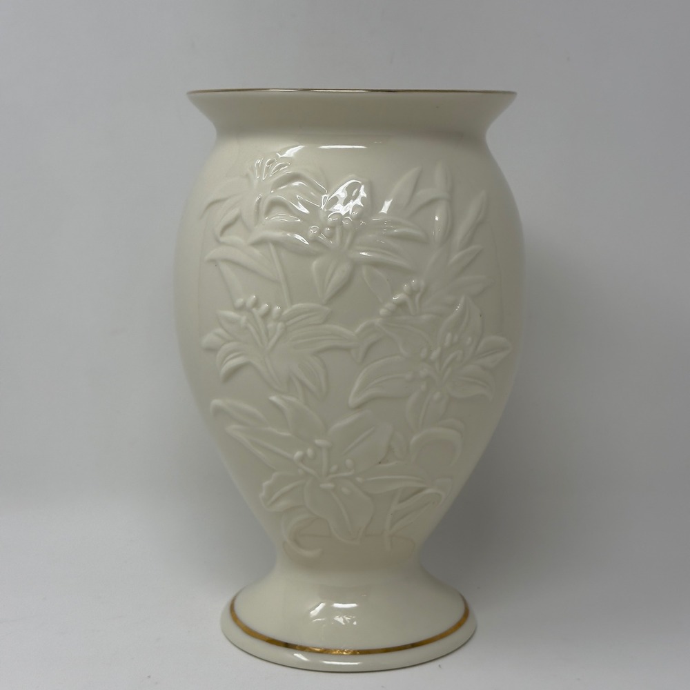 Vintage Lenox Ivory Porcelain Lily Vase Embossed Floral Gold Trim